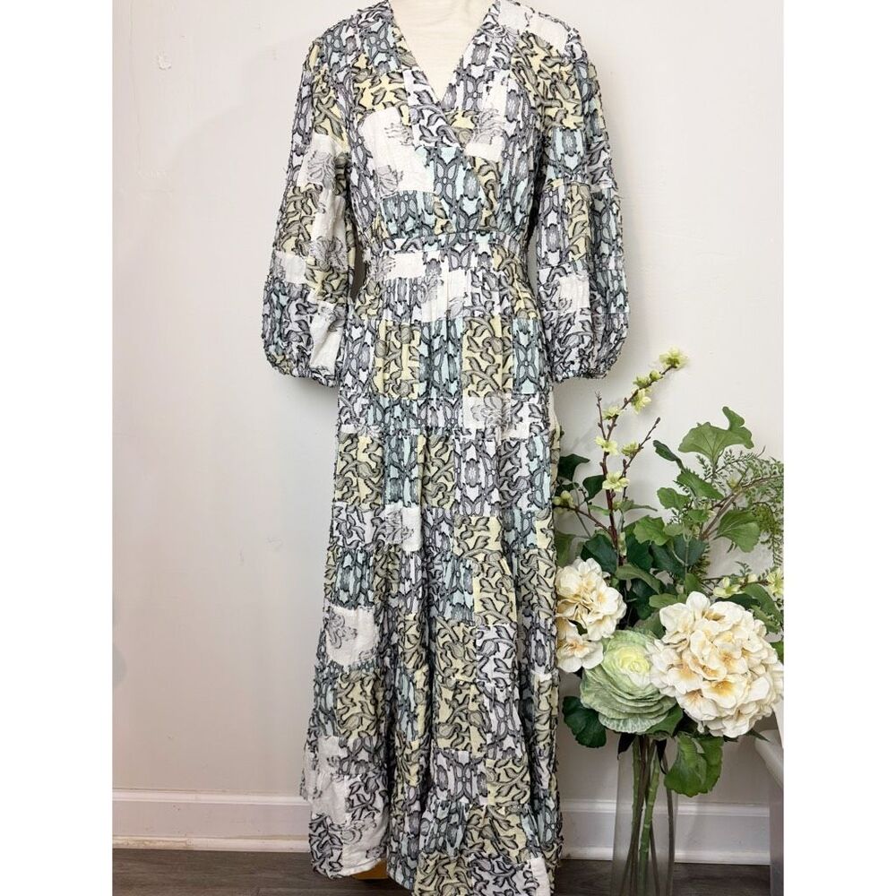 ANTHROPOLOGIE * V-Neck Textured Midi Dress medium patchwork - Picture 2 of 13